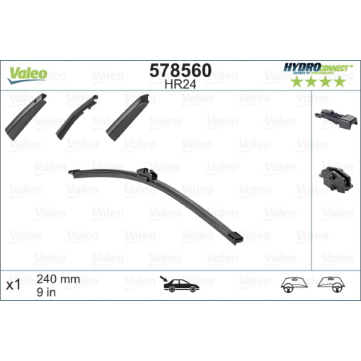 Slotiņa, logu tīrītājs Valeo HydroConnect Rear 240mm